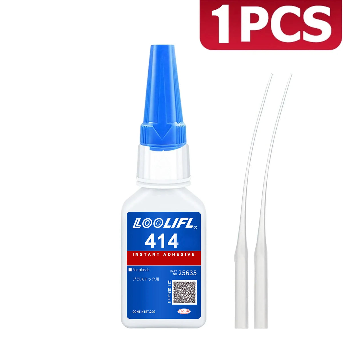 A bottle of Loolifl 414 instant adhesive with a white applicator stick.