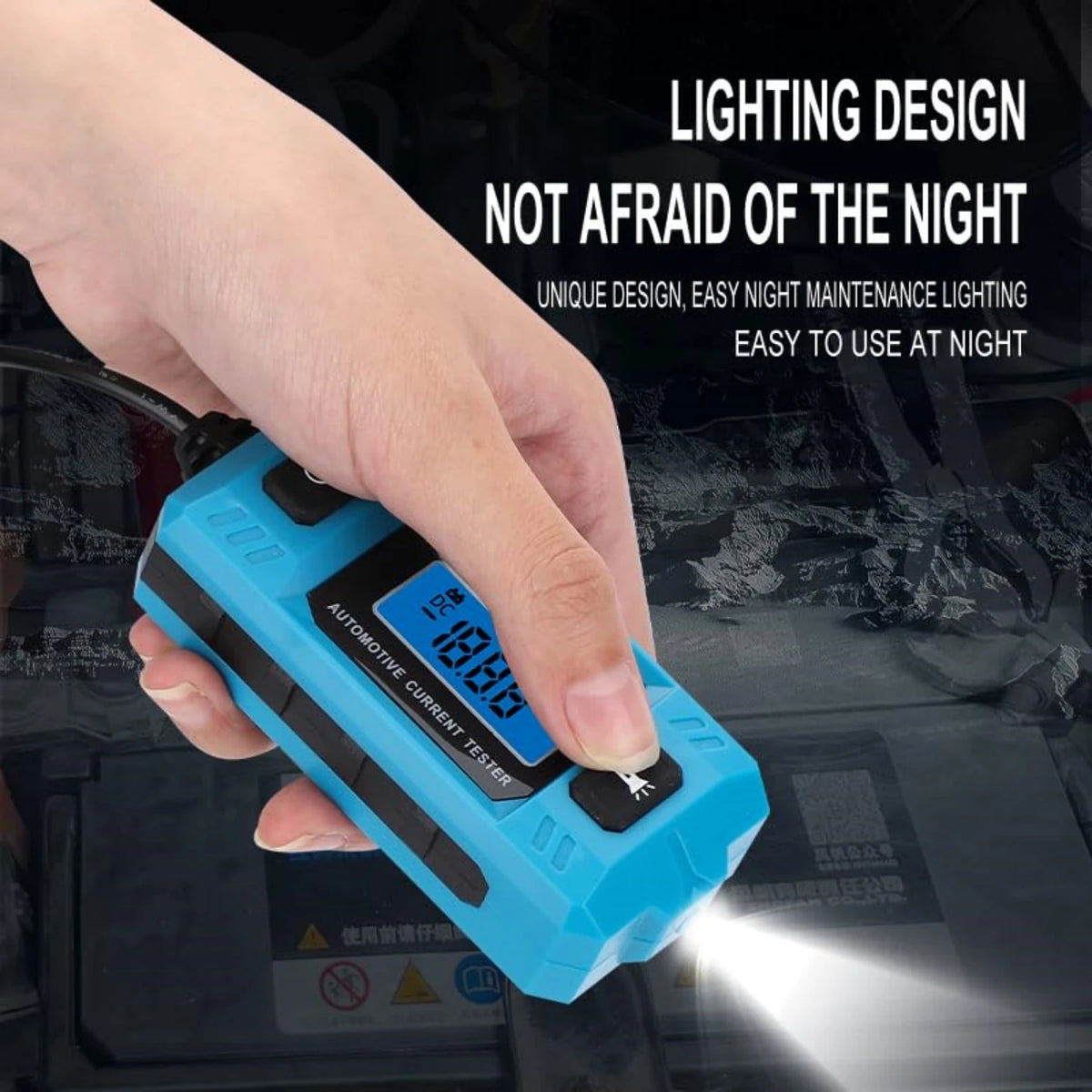 A hand holds a blue automotive current tester device, shining a bright light.