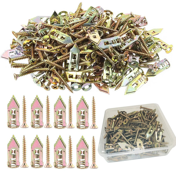 A pile of self-drilling drywall anchors and screws in various sizes and finishes.