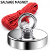 A red salvage magnet with a silver hook is shown on a round metal base.