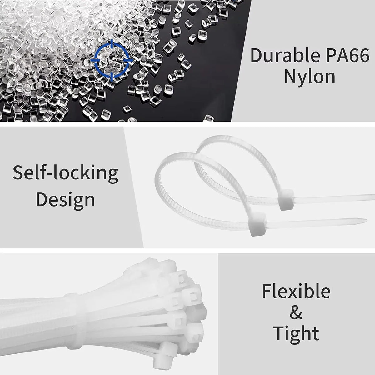 Close-up view of durable PA66 nylon cable ties showing a self-locking design and flexible, tight grip.
