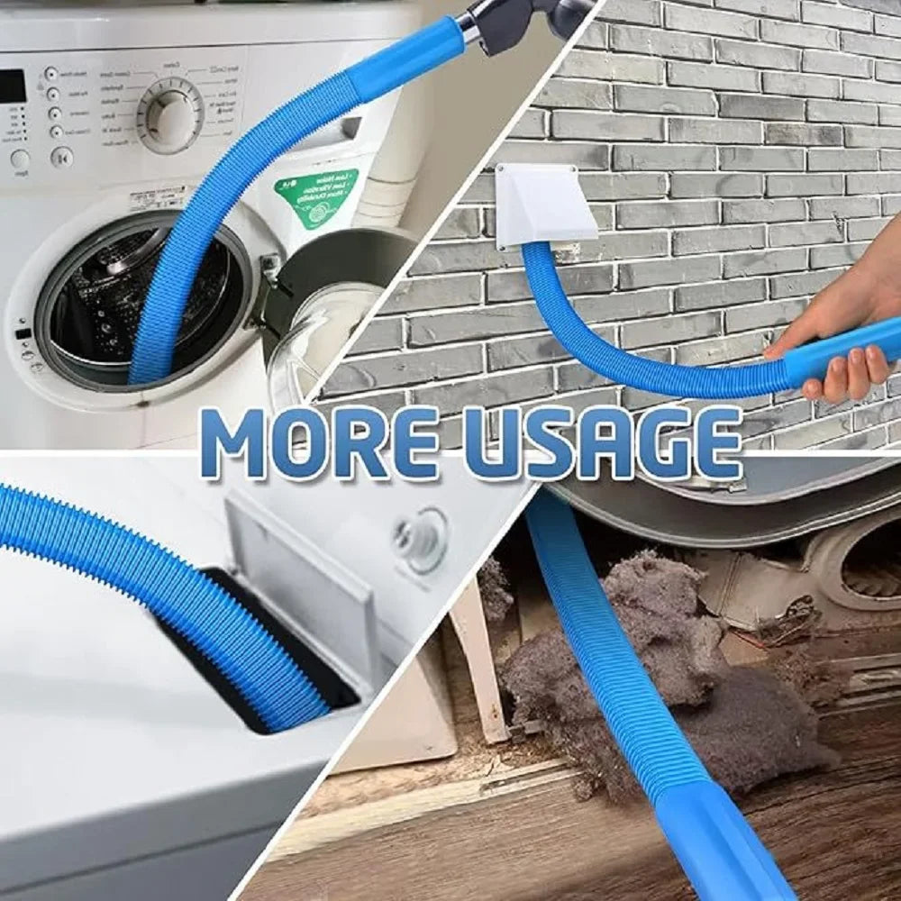 A flexible blue dryer vent cleaning kit is shown being used to clean a dryer vent.