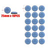 A set of 18 light blue self-adhesive furniture sliders for floor protection, shown with a dimension marker.
