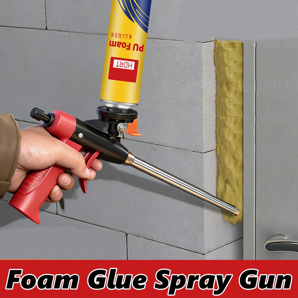 A hand is using a red foam glue spray gun to apply PU foam sealant onto a wall surface.
