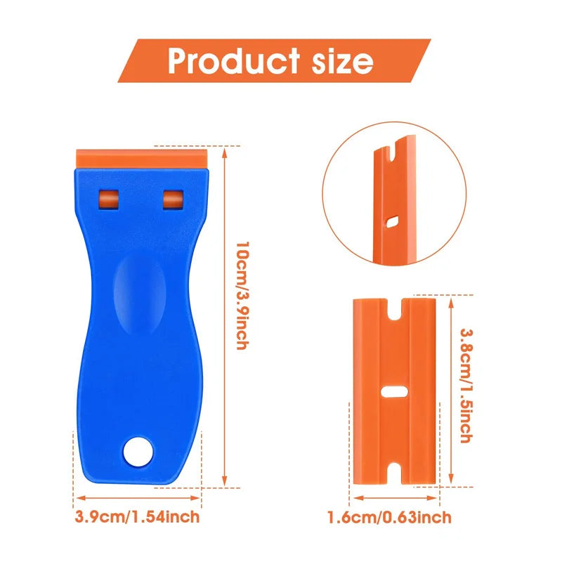 Blue plastic razor blade scraper with orange blade for removing labels and decals