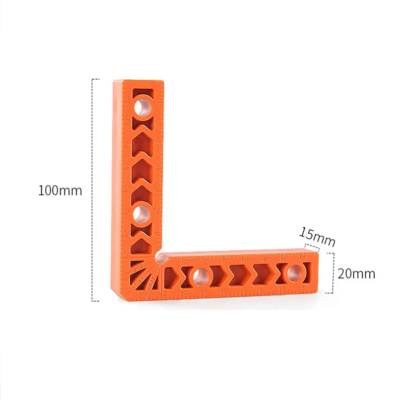An orange 90-degree angle positioner for woodworking, showing its dimensions and features.