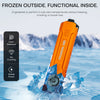 An orange tactical flashlight is shown piercing through ice, demonstrating its cold-resistant design.