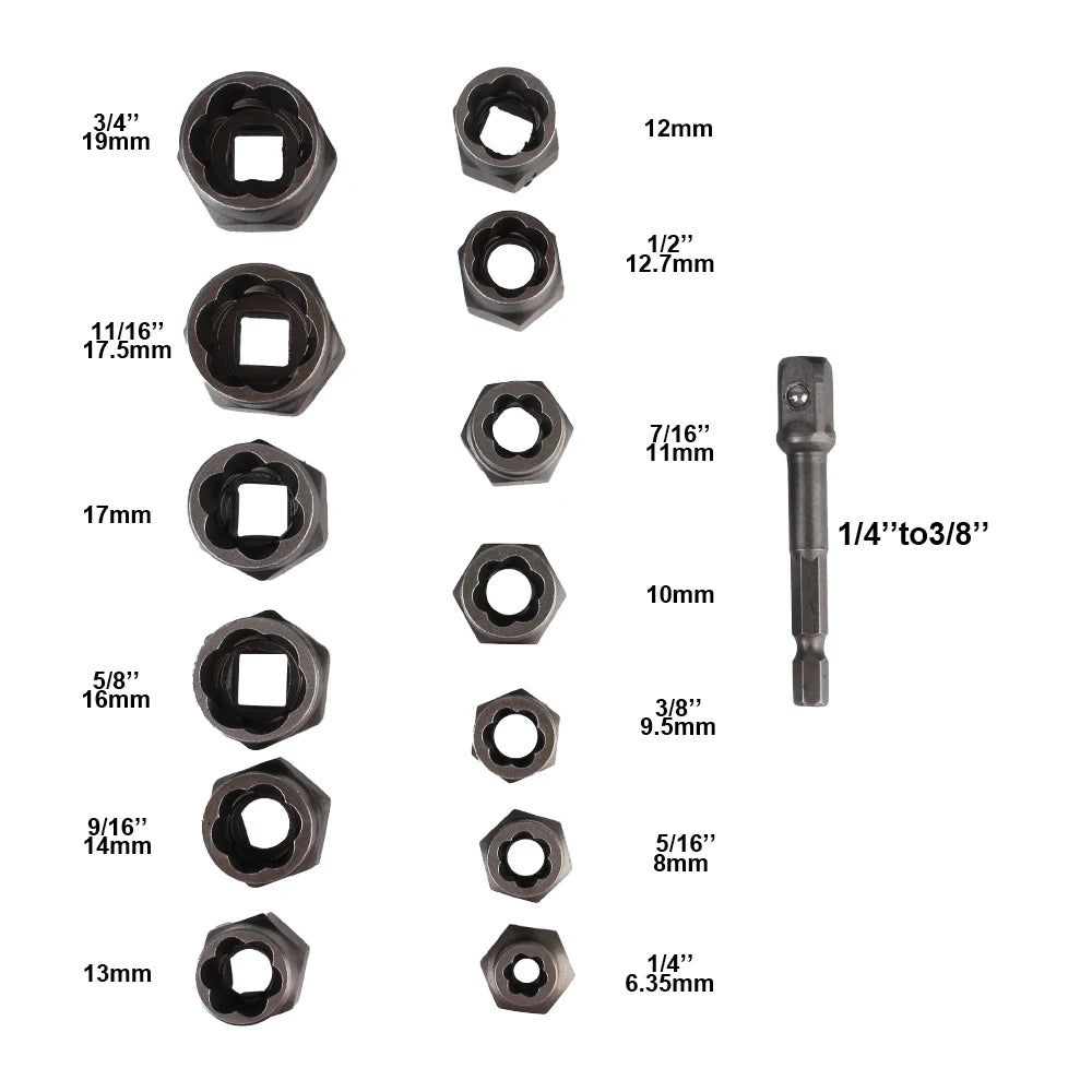 A collection of various metalworking hand tools for fast bolt and nut removal, including various sized sockets and drivers.