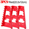 Three red plastic wrench organizer racks, each measuring 22.2 by 12 cm.