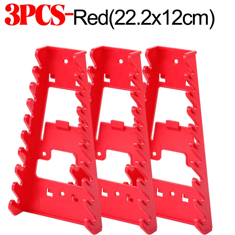Three red plastic wrench organizer racks, each measuring 22.2 by 12 cm.