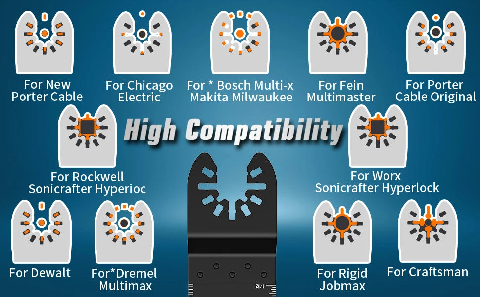 A collection of multi-function oscillating cutting blades for various tools including Porter Cable, Chicago Electric, Bosch M