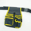 A black and yellow multifunctional tool storage belt bag with a black strap.