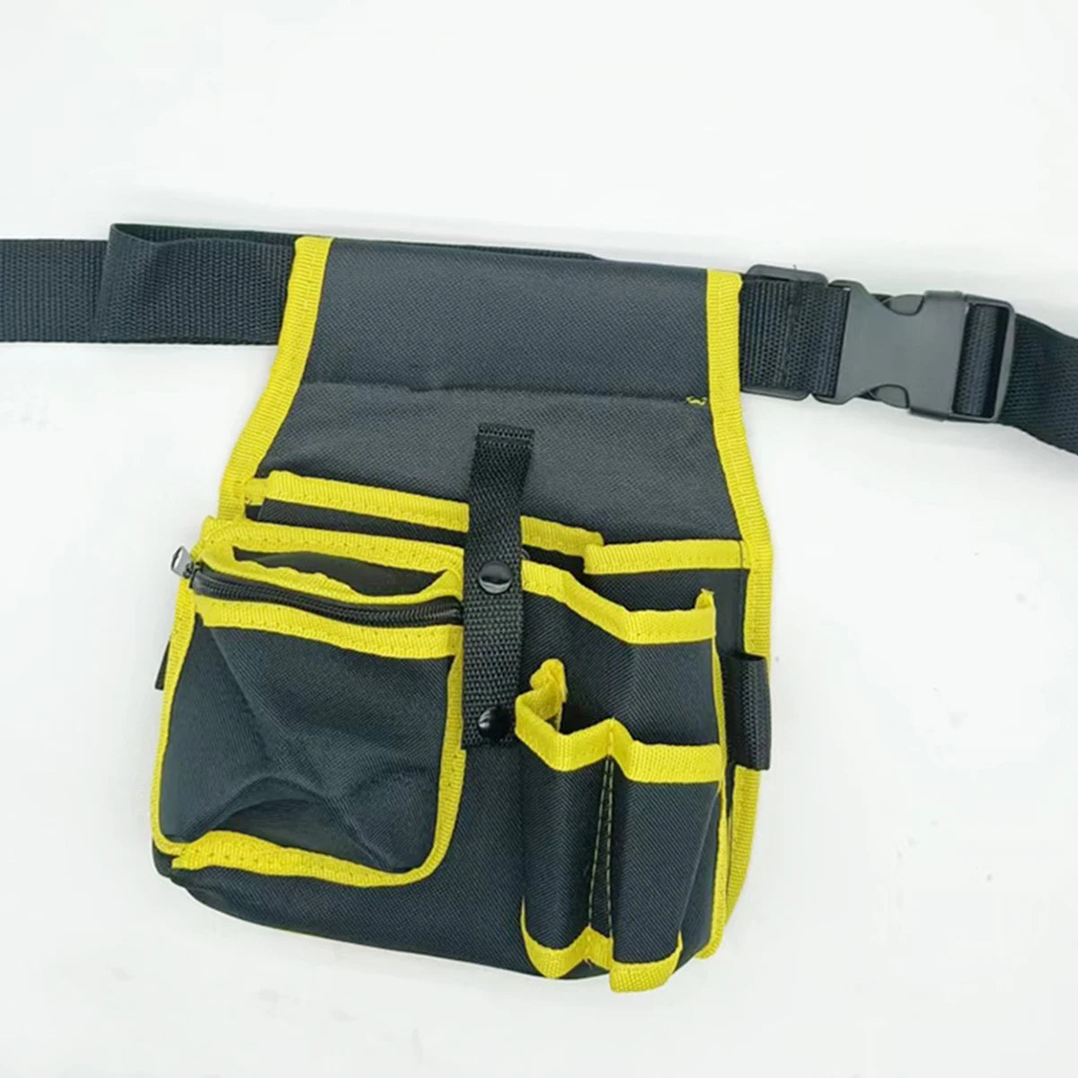 A black and yellow multifunctional tool storage belt bag with a black strap.