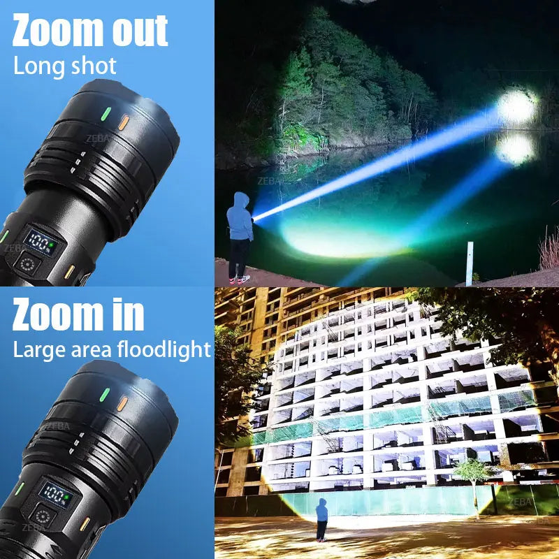 Comparison of zoom out and zoom in shots of an ultra-bright tactical LED flashlight.
