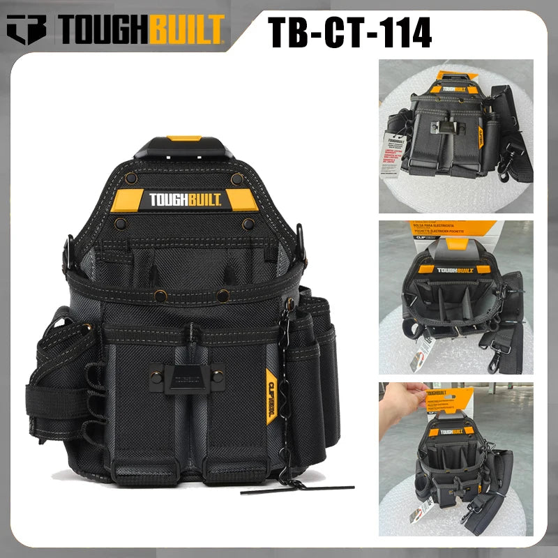 حقيبة تخزين أداة سوداء ToughBuilt TB-CT-114 معروضة من زوايا مختلفة.