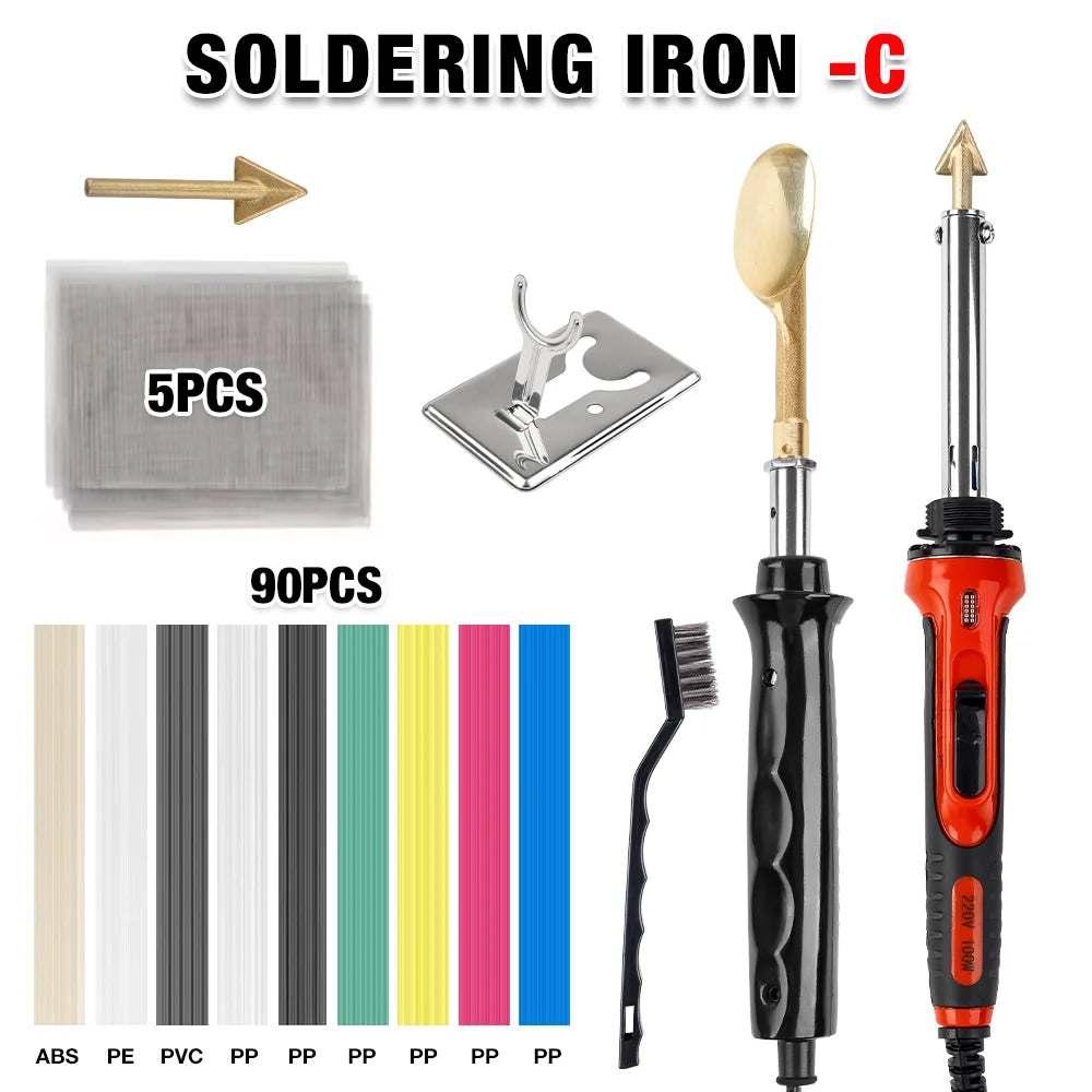 A set of soldering irons, including a soldering iron, a soldering iron tip, and various plastic and electronic components.