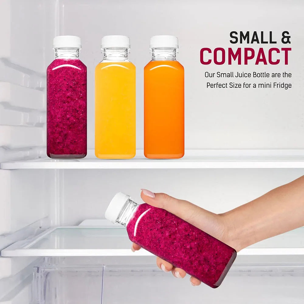 Three small juice bottles in pink, yellow, and orange are displayed on a white shelf with text emphasizing their compact size
