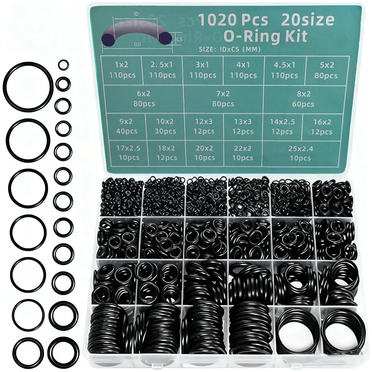 A kit of 1020 pieces of various size O-rings and seals for repair and sealing applications.
