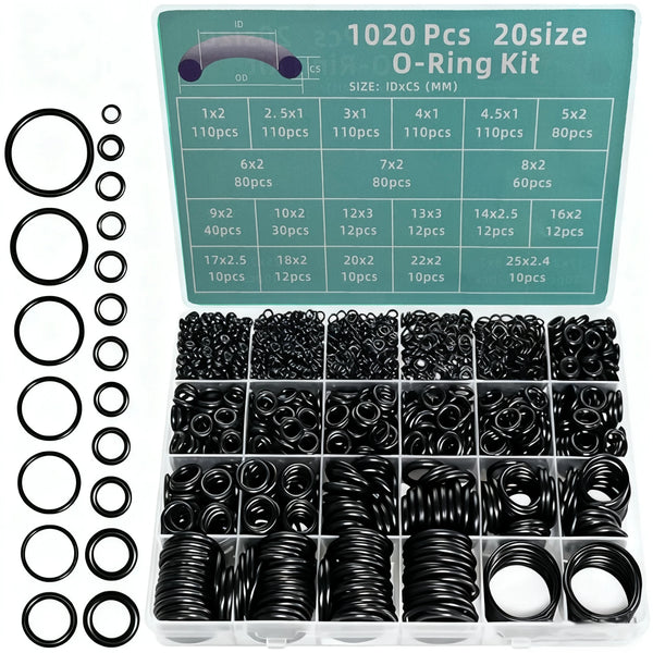 A kit of 1020 pieces of various size O-rings and seals for repair and sealing applications.