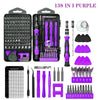 A precision multi-bit screwdriver repair kit in purple and black featuring various screwdrivers and tools.