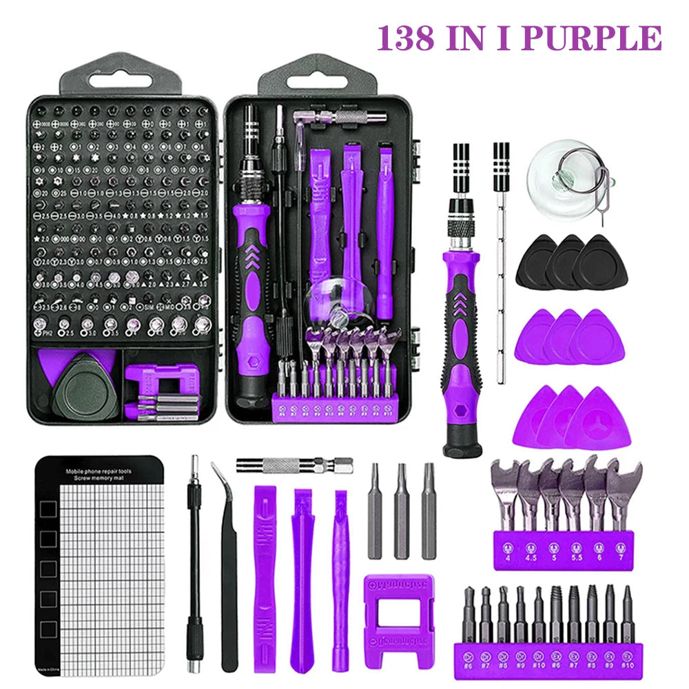 A precision multi-bit screwdriver repair kit in purple and black featuring various screwdrivers and tools.