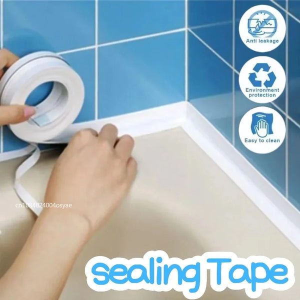Hands applying white sealing tape to a tiled surface in a bathroom setting.