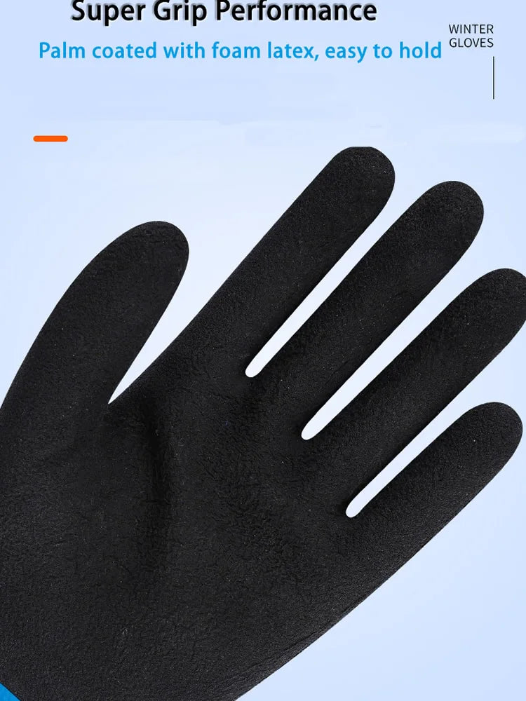 A close-up view of a black palm-coated foam latex winter glove.