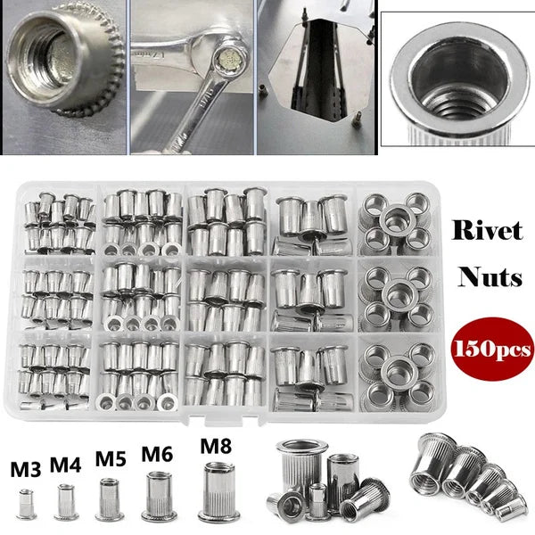 A set of precision rivet gun components including rivets, nuts, and various sizes of rivets and nuts.