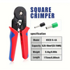 A red and blue square crimper tool with a black handle and green and silver dies for electrical terminals.