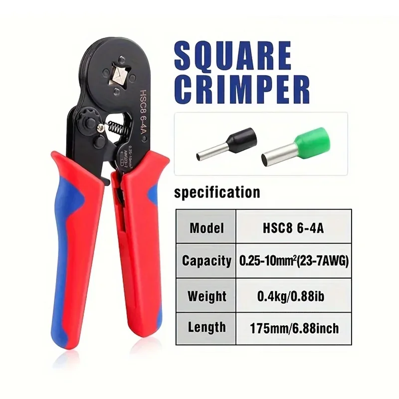 A red and blue square crimper tool with a black handle and green and silver dies for electrical terminals.