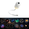 A white projector light with a lens and cable, shown above various celestial images.