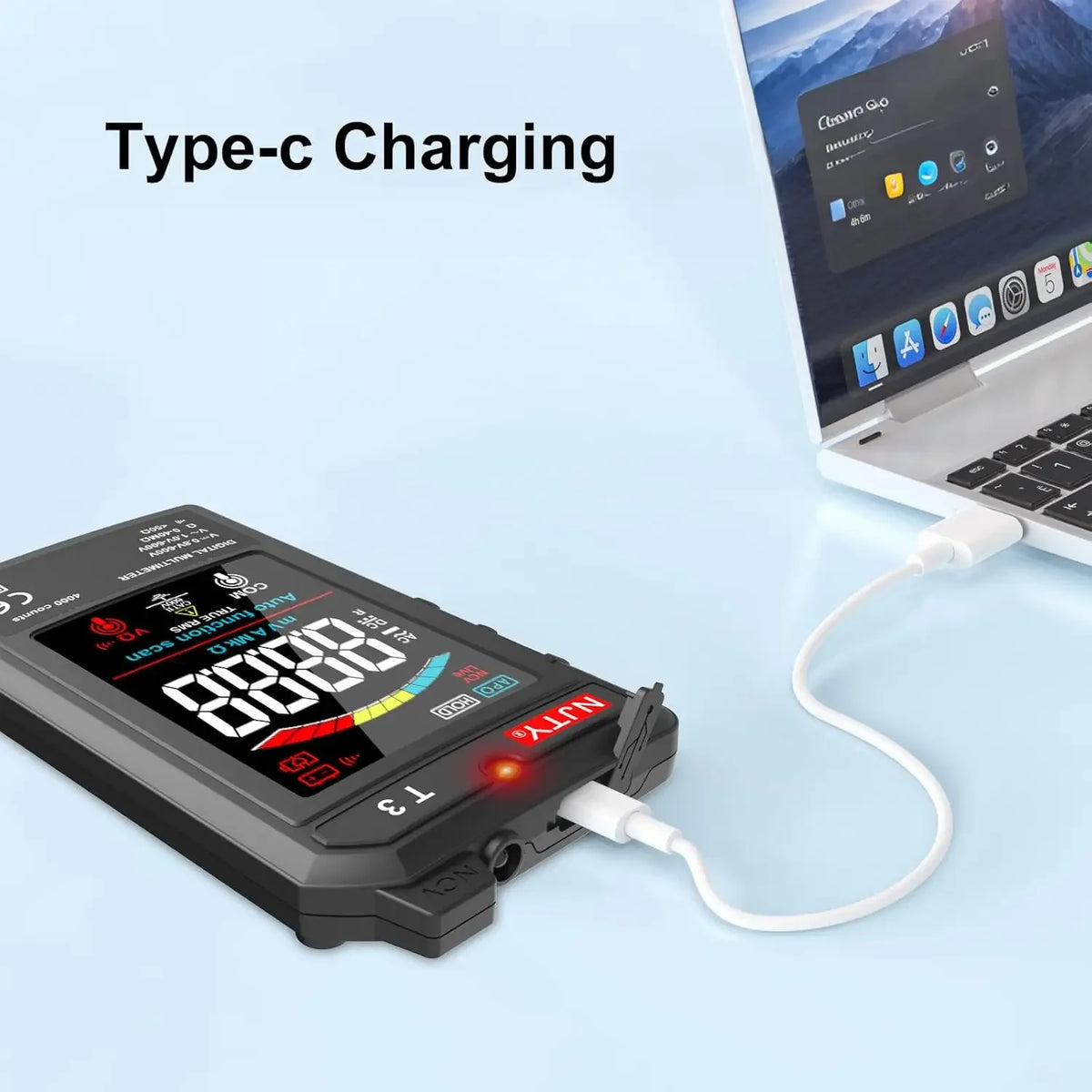 A digital multimeter with NCV detection and live wire test is shown connected to a laptop via a Type-C charging cable.