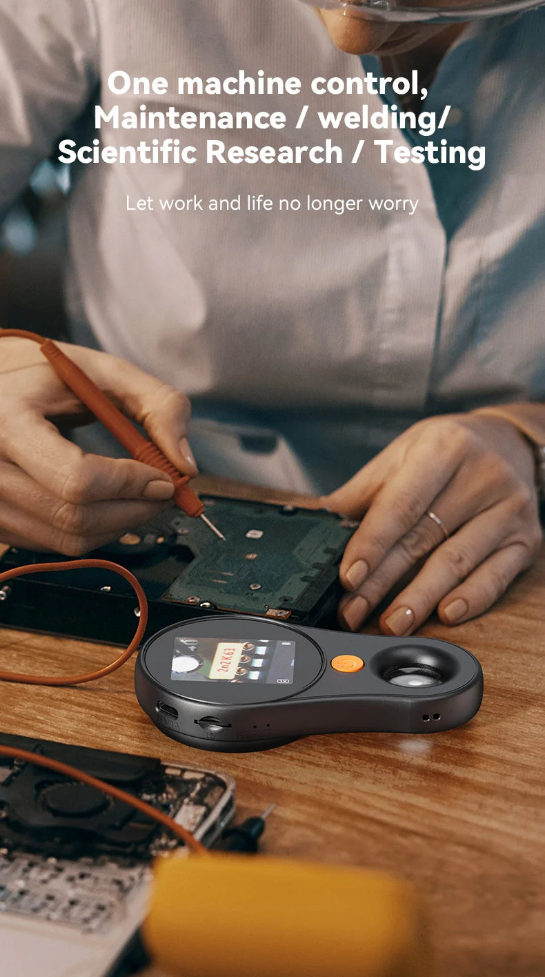 A person is using a digital handheld microscope with an LED light on a wooden table.