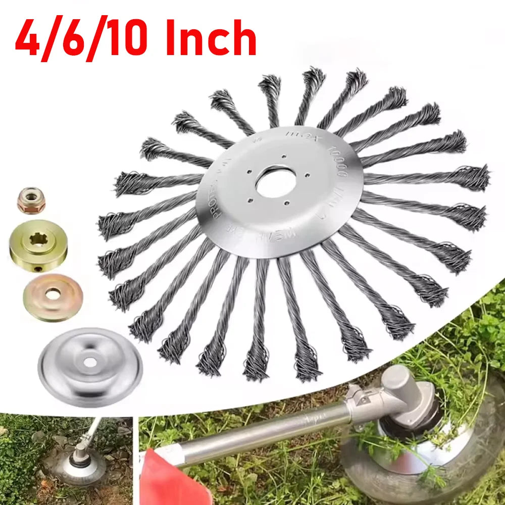 Precision wire brush trimmer head with 4/6/10 inch wires shown for lawn and garden use.