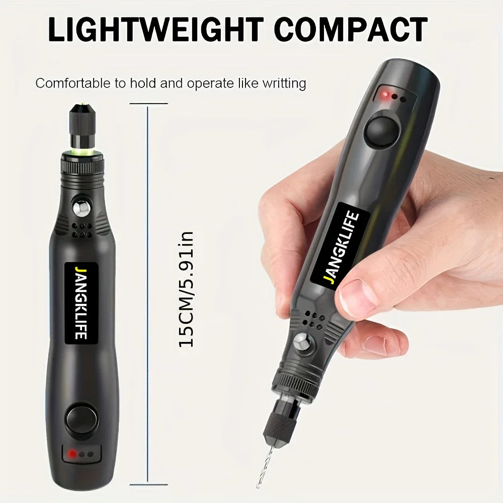 A hand holds a black JANGKLIFE lightweight compact rotary tool for crafting and engraving.
