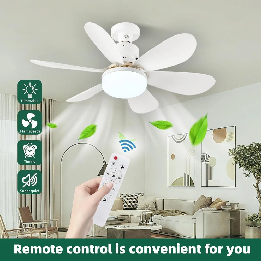 A hand holds a remote control for a dimmable LED ceiling fan light with a white fan and light fixture above a living room.