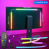 An RGB LED strip light is shown illuminating a computer monitor, with various colored strips displayed below.