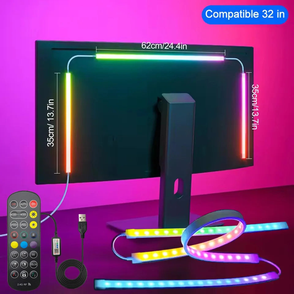 An RGB LED strip light is shown illuminating a computer monitor, with various colored strips displayed below.