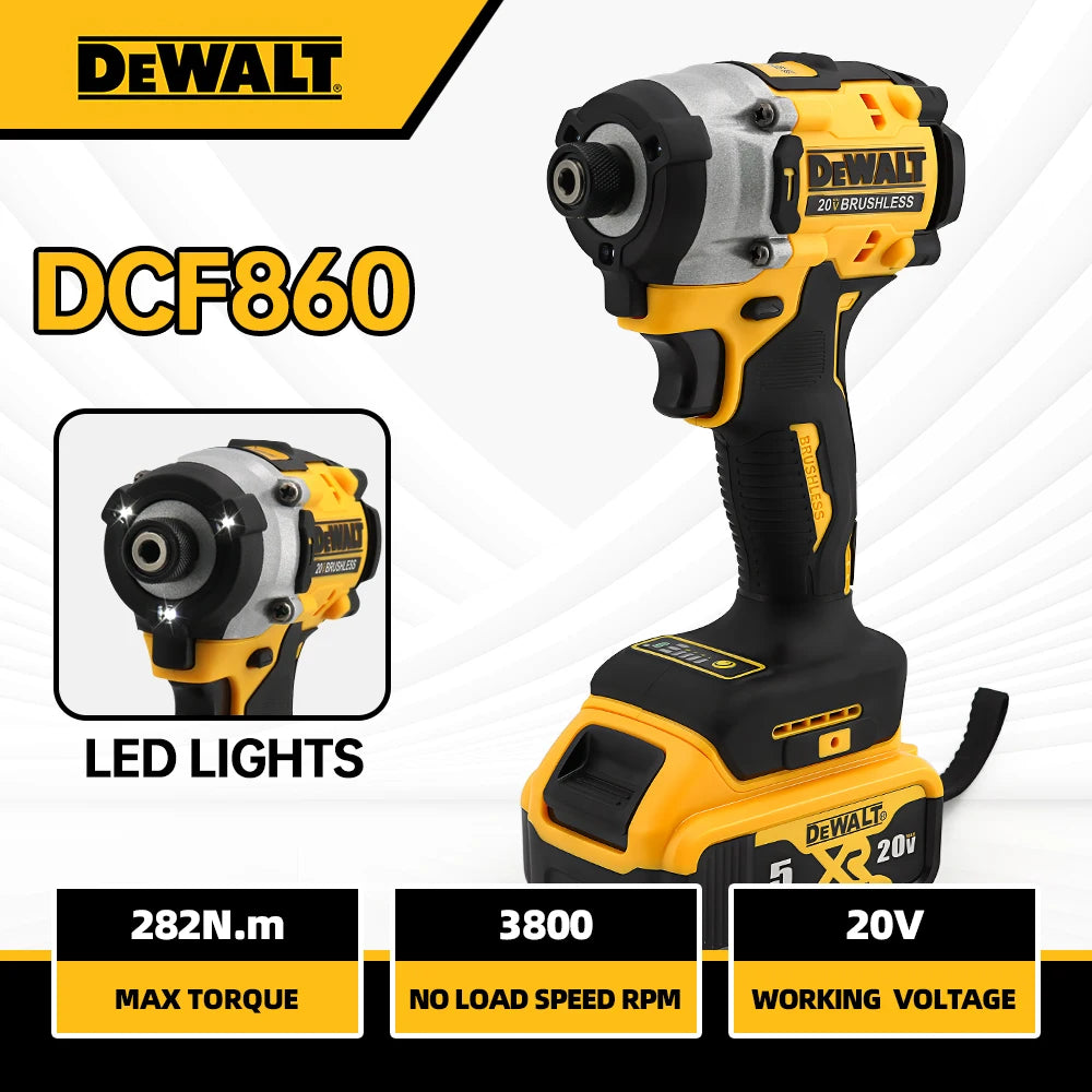 Dewalt DCF860 cordless brushless electric screwdriver with LED lights and 20V working voltage