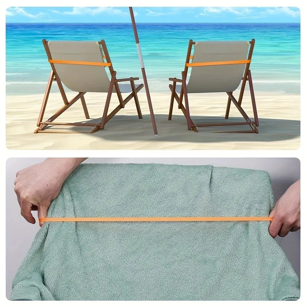 A set of reusable silicone elastic rubber bands shown next to a towel.