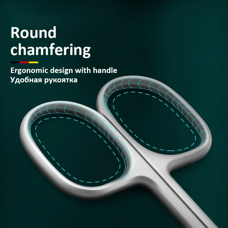 A pair of round chamfering cuticle and nail clippers with a handle shown against a dark green background.