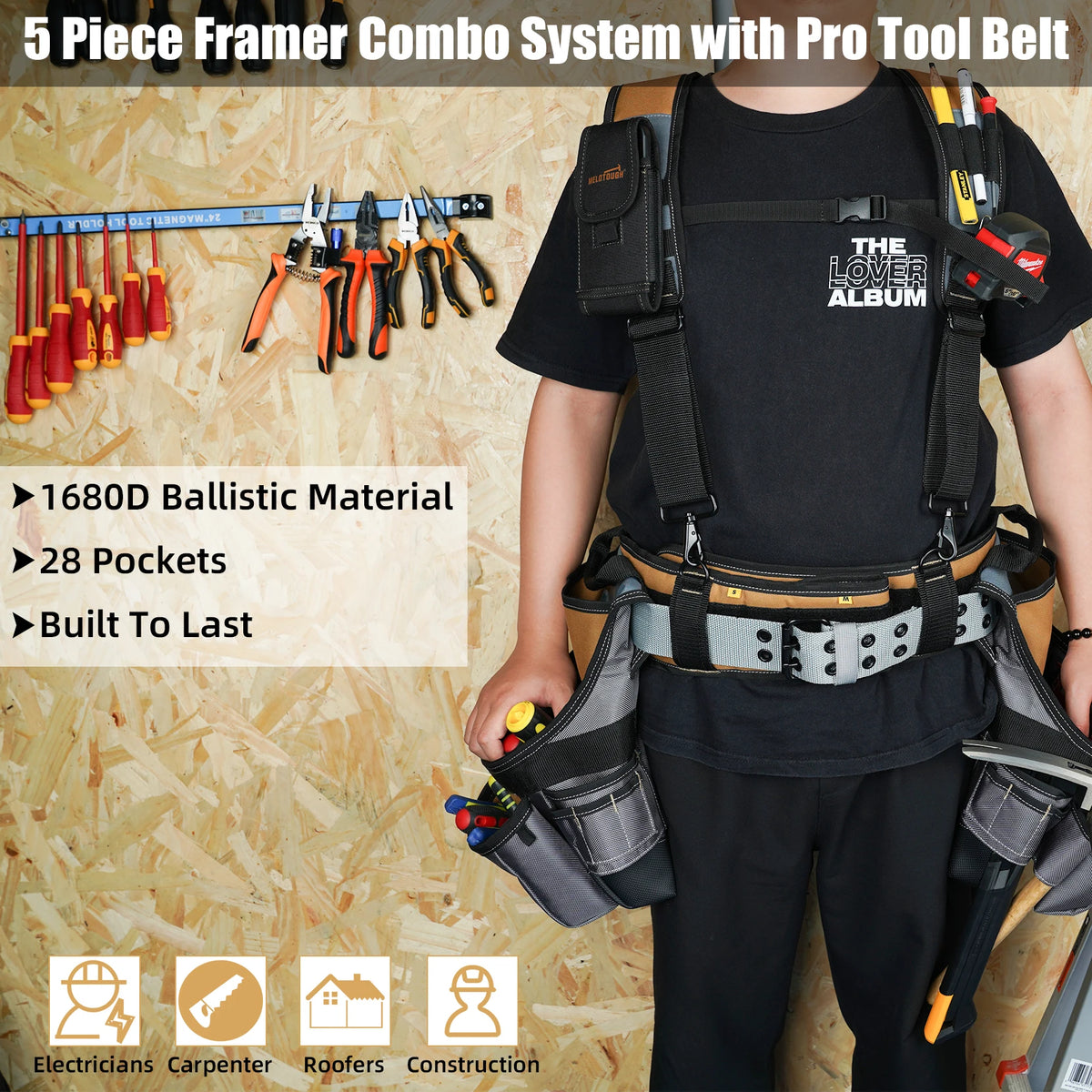 A person wearing a black shirt is shown with a five-piece framer combo system tool belt and pro tool belt, demonstrating the 