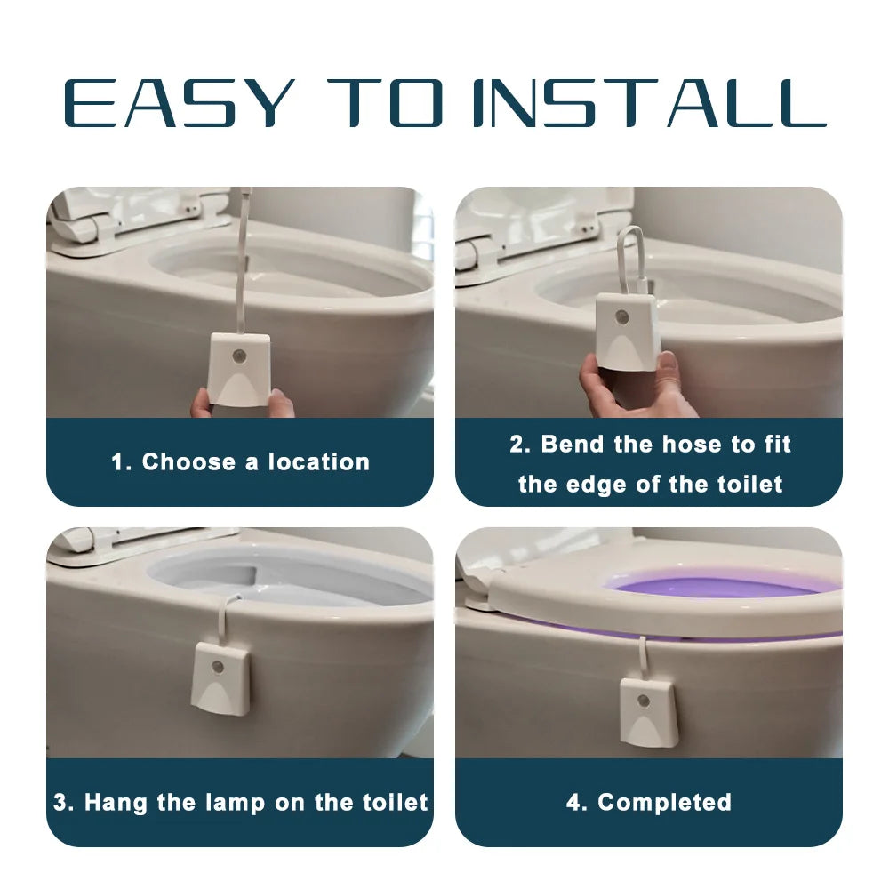 Instructions showing how to install a motion sensor night light on a toilet.