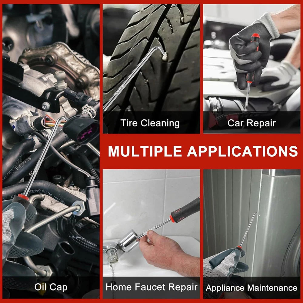 A set of precision tools including a tire cleaning tool, car repair tool, oil cap tool, home faucet repair tool, and applianc