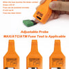 An orange fuse tester tool with an adjustable probe for testing fuses.