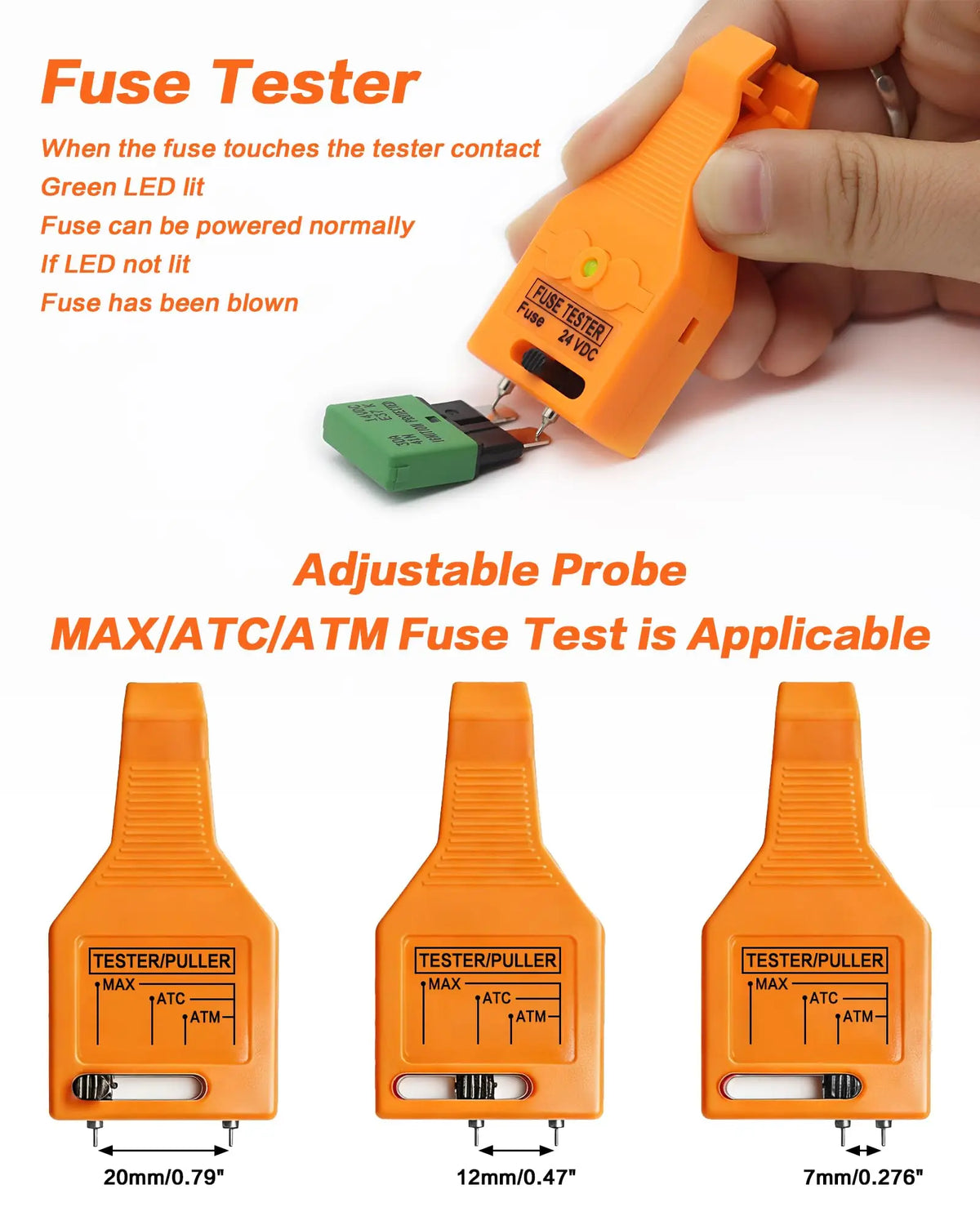 An orange fuse tester tool with an adjustable probe for testing fuses.