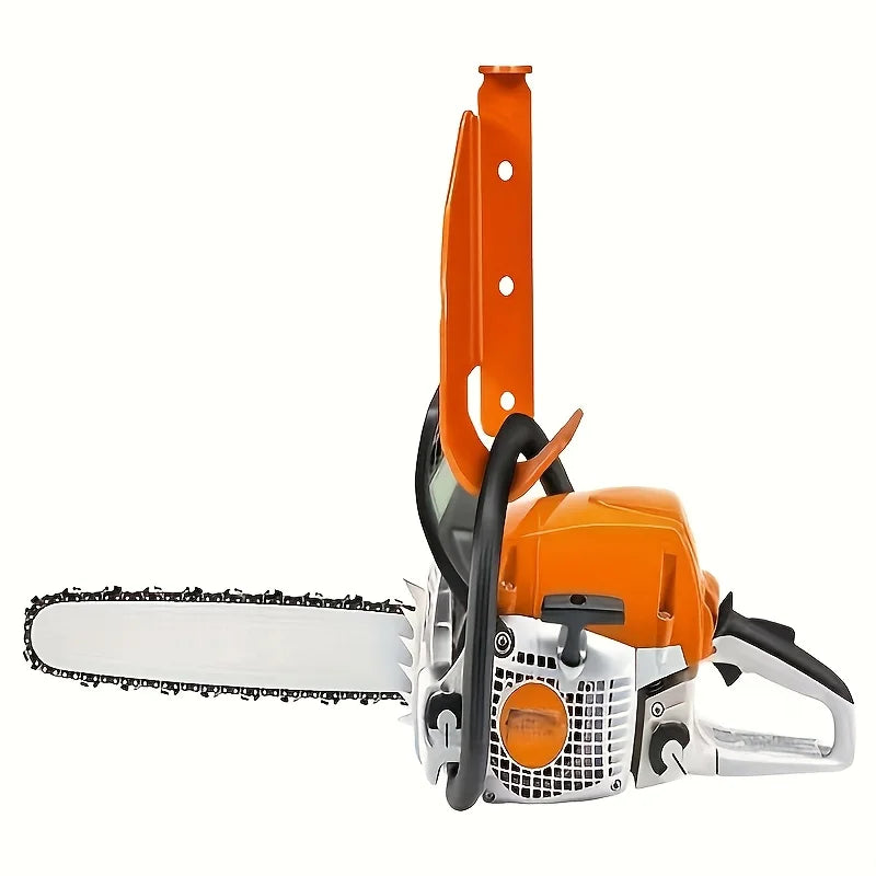 Orange durable metal chainsaw hook wall storage rack with a blade and handle