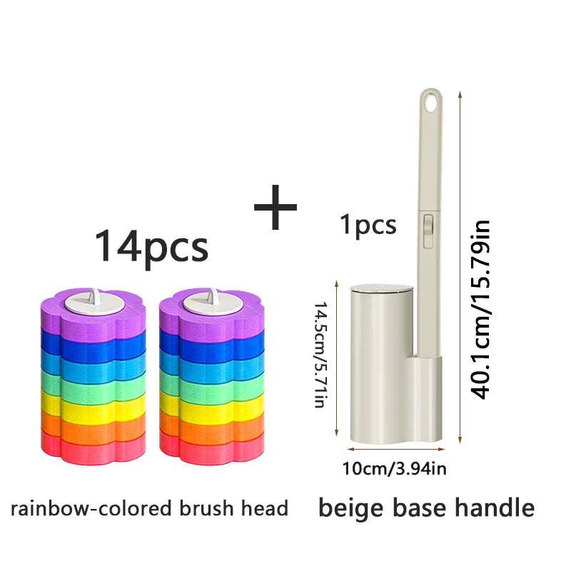 A set of 14 rainbow-colored brush heads and a beige base handle for a dual-use toilet brush.