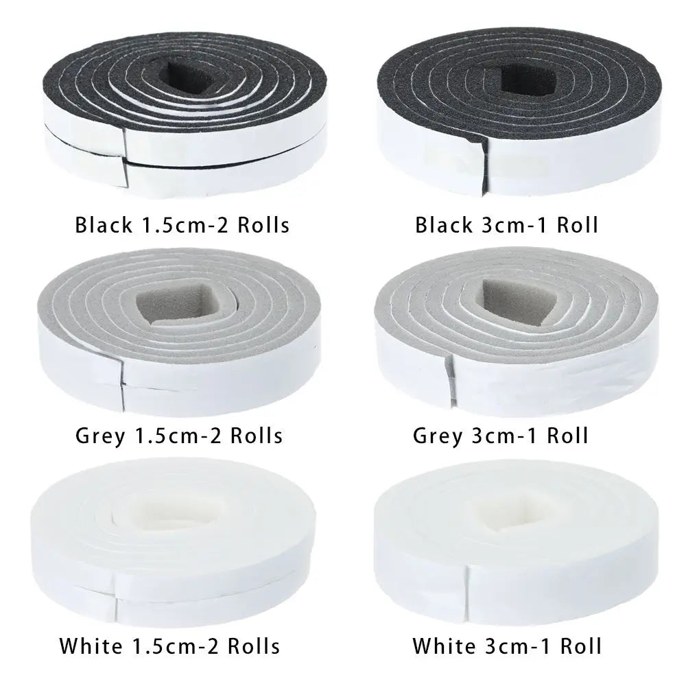 Rolls of self-adhesive foam weather stripping tape in black, grey, and white, available in 1 or 2 rolls.