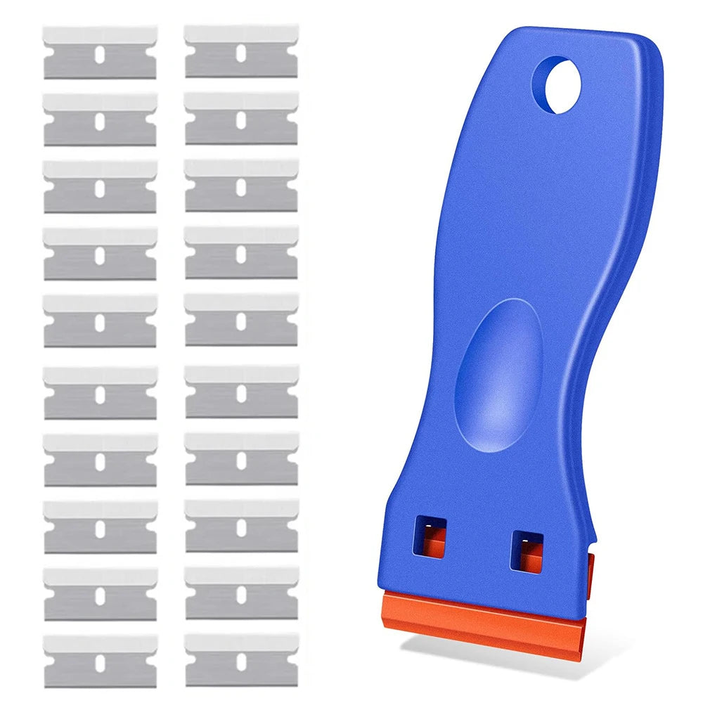 A blue multi-surface plastic razor blade scraper with multiple metal blades and orange backing.